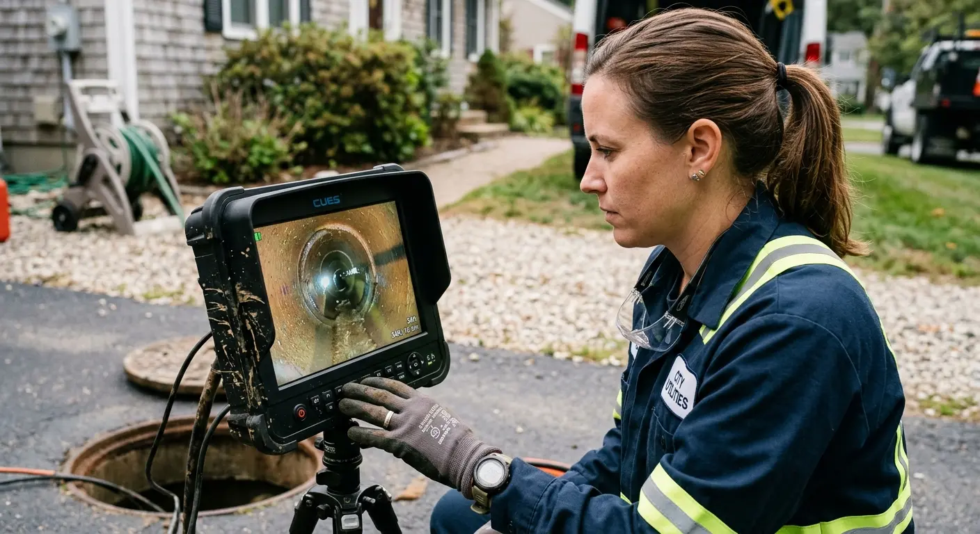 Technician reviewing sewer camera inspection footage in Park Ridge