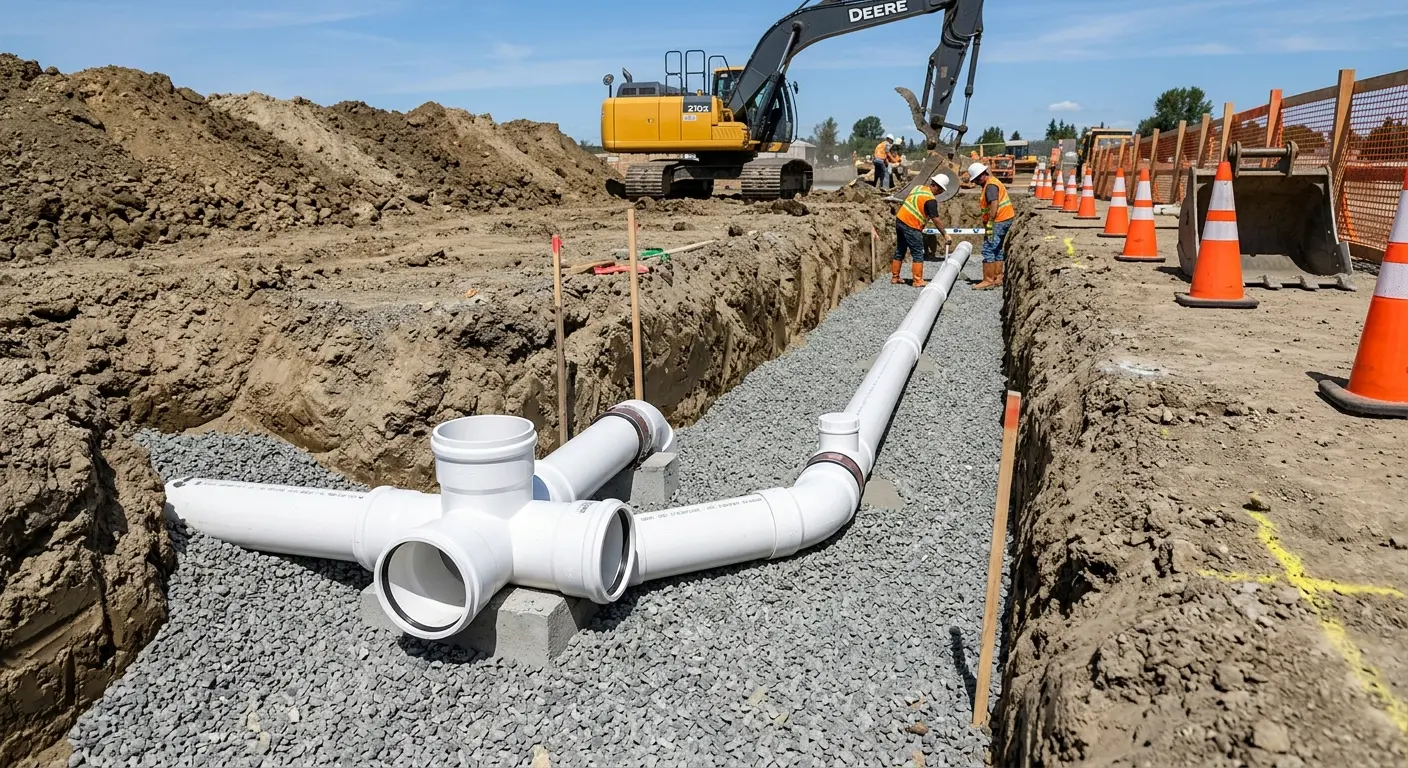 New PVC sewer pipe installation in open trench for Commercial Drain Cleaning in Park Ridge