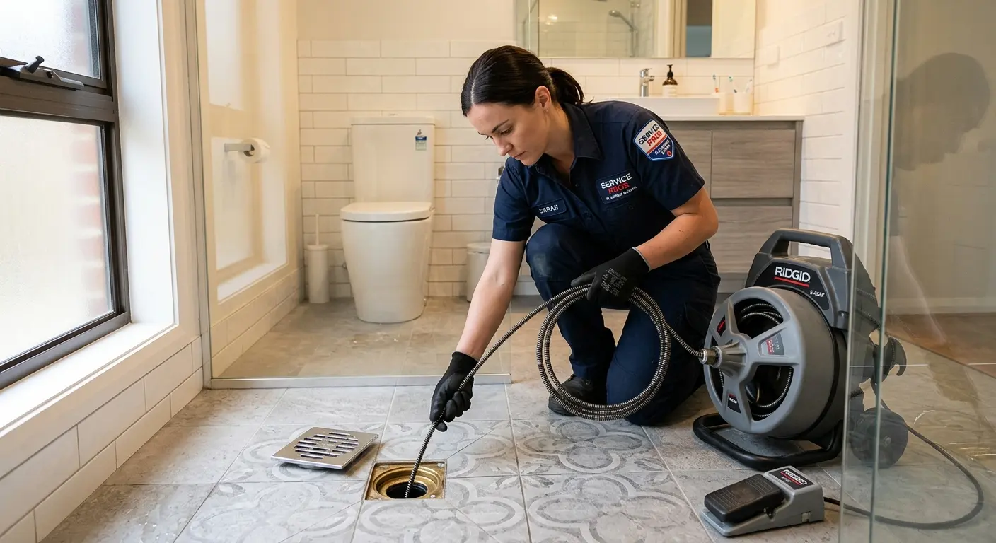 Technician clearing a bathroom floor drain for Hydro Jetting in Park Ridge